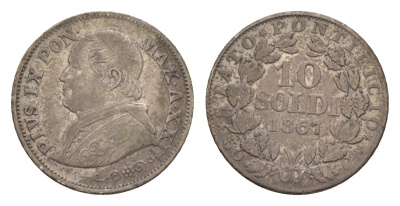 Папская область 10 сольдо 1867 R, Пий IX (1846-1878) KM 1376 серебро 603-143