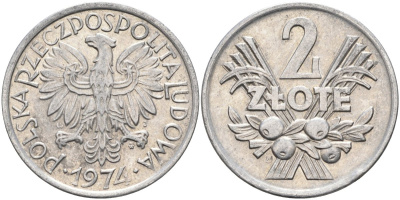 Польша 2 злотых 1974 MW, Народная Республика KM 46, Parchimowicz 216h алюминий 4402-222