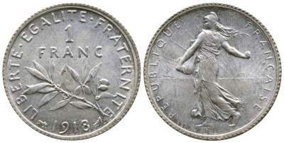 Франция 1 франк 1918 сеятель KM 844.1, Le Franc 217.24 серебро UNC 259-654