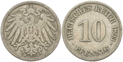 ГЕРМАНИЯ 10 ПФЕННИГОВ 1893 А KM 12, J. 13 медно-никель 210-626