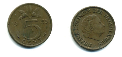 Нидерланды 5 центов 1953 Юлиана (1948-1980) KM 181 бронза 76-415