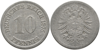 ГЕРМАНИЯ 10 ПФЕННИГОВ 1875 А, СТАРОГЕРБОВКА KM 4, J.4 медно-никель 96-626
