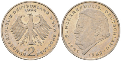 ФРГ 2 марки 1994 J, Франц Йозеф Штраус, 40 лет Федеративной Республике KM 175 медно-никель 4572-824