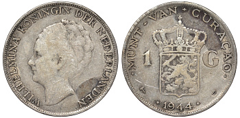 Нидерландское Кюрасао 1 гульден 1944 D, Вильгельмина (1890-1948) KM 45 серебро 36-242