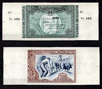 Испания, Бильбао 100 песет 1937 Pick S565 a бумага UNC (пресс) 6267-30-2