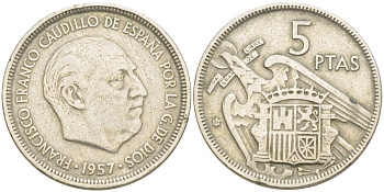 ИСПАНИЯ 5 ПЕСЕТ 1957 (59) ФРАНСИСКО ФРАНКО, ДИКТАТОР ИСПАНИИ (1949-175) KM 787 медно-никель 4525-522