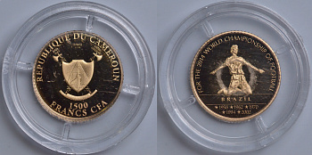 КАМЕРУН 1500 ФРАНКОВ 2014 ЧЕМПИОНАТ МИРА ПО ФУТБОЛУ - 2014, БРАЗИЛИЯ - ГОДЫ ЧЕМПИОНСТВА, РАДОСТНЫЙ ИГРОК ЗАБИВШИЙ ГОЛ KM NEW золото PROOF 00-000-00