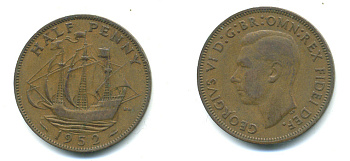 Великобритания 1/2 пенни 1952 Георг VI (1936-1952) KM 868, Spink 4118 бронза 4383-324