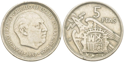 ИСПАНИЯ 5 ПЕСЕТ 1957 (59) ФРАНСИСКО ФРАНКО, ДИКТАТОР ИСПАНИИ (1949-175) KM 787 медно-никель 4525-522
