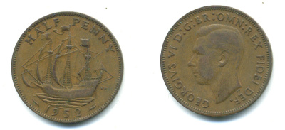 Великобритания 1/2 пенни 1952 Георг VI (1936-1952) KM 868, Spink 4118 бронза 4383-324
