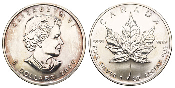 Канада 5 долларов 2006 Кленовый лист, Елизавета II KM 625 серебро BU 413-4534