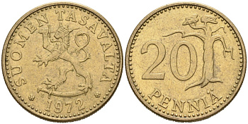 Финляндия 20 пенни 1972 S KM 47 алюминиевая бронза 4563-316