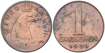АВСТРИЯ 1 ГРОШ 1935 ДОВОЕННАЯ ДЕСЯТИЧНАЯ ЧЕКАНКА KM 2836 бронза 201-162