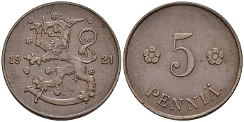 Финляндия 5 пенни 1921 KM 22 медь 96-327