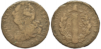 ФРАНЦИЯ 2 СОЛЯ 1792 А, МОНДВОР ПАРИЖ, ЛЮДОВИК XVI (1774-1793) KM 603.1 (С 89.1) бронза 1524-1344