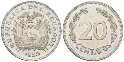 Эквадор 20 сентаво 1980 KM 77.2a сталь плакированная никелем aUNC 4611-725