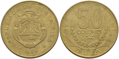 КОСТА-РИКА 50 КОЛОН 1999 KM 231.1 латунь 82-221