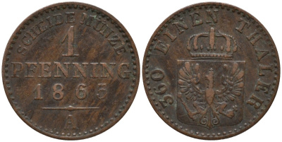 Пруссия 1 пфенниг 1865 А, Вильгельм I (1861-1888) KM 480 медь 4532-457