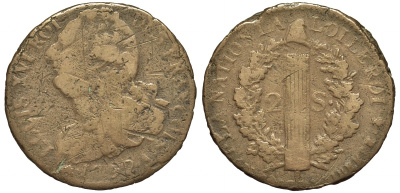 ФРАНЦИЯ 2 СОЛЯ 1792 А, МОНДВОР ПАРИЖ, ЛЮДОВИК XVI (1774-1793) KM 603.1 (С 89.1) бронза 1524-1344