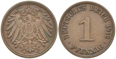 ГЕРМАНИЯ 1 ПФЕННИГ 1912 A KM 10, J. 10, Weege 2 медь 211-461