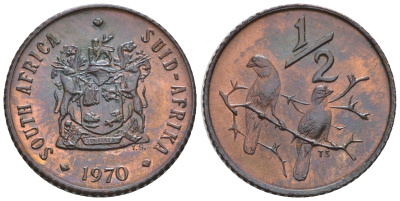 ЮАР 1/2 цента 1970 два капских воробья на ветке KM 81 бронза  aUNC  220-948