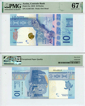 Аруба 10 флоринов 2019 Руины золотой мельницы Буширибана, черепаха, в слабе PMG Super Gem 67 Pick 21  бумага  UNC (пресс) 452-2-10