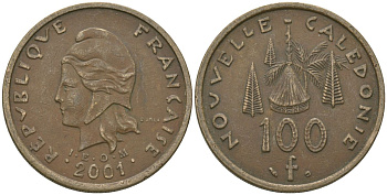 Французская Новая Каледония 100 франков 2001 хижина среди сосен и пальм, (IEOM) KM 15, Schoen 16, Lec 139e никель бронза 97-935
