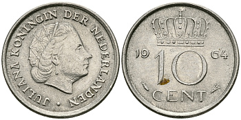 НИДЕРЛАНДЫ 10 ЦЕНТОВ 1964 ЮЛИАНА KM 182 никель 96-445