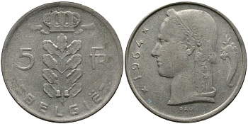 БЕЛЬГИЯ 5 ФРАНКОВ 1964 BELGIE KM 135.1 медно-никель 98-543