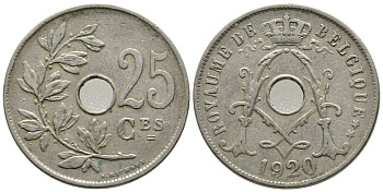 БЕЛЬГИЯ 25 САНТИМОВ 1920 BELGIQUE KM 68.1 медно-никель 177-1042