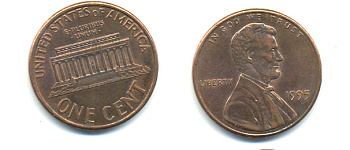 США 1 ЦЕНТ 1995 ЛИНКОЛЬН KM 201b цинк плакированный медью 86-323