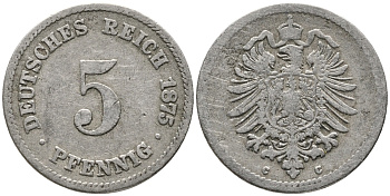 Германия 5 пфеннигов 1875 C, старогербовка KM 3, Jager 3, Weege 5 медно-никель 100-621