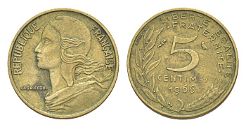 Франция 5 сантимов 1966 тип Марианна KM 933, Le Franc 125.2 алюминиевая бронза 4643-512