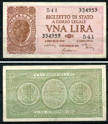 Италия 1 лира 1944 подписи Di Cristina, Cavallaro, Parisi Pick 29 c, Grapanzano BS 8  бумага  aUNC 8614-4-2-2