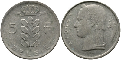 Бельгия 5 франков 1964 Belgie, Бодуэн I (1951-1993) KM 135.1 медно-никель 98-543