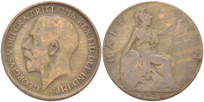 Великобритания 1/2 пенни 1921 Георг V (1910-1936) KM 809, Spink 4056 бронза 77-441