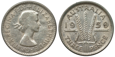 Австралия 3 пенса 1959 m, Елизавета II (1952-2022) KM 57 серебро 71-611