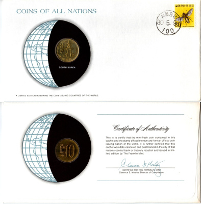 Южная Корея 10 вон 1979 конверт с маркой первого дня гашения, Coins of Nations KM 6a латунь UNC 4294-60-1