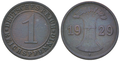 Германия 1 рейхспфенниг 1929 F KM 37, J.313 бронза 4385-628