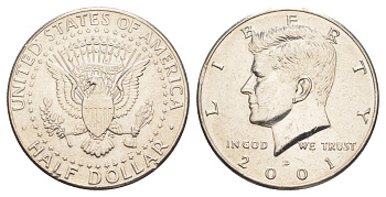 США 1/2 доллара (50 центов) 2001 D, Джон Кеннеди KM A202b медь плакированная медно-никелем aUNC 4517-335
