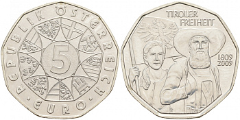 Австрия 5 евро 2009 200 лет со дня Тирольского восстания KM 3177 серебро UNC 1521-1111