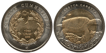 Турция 1 лира 2009 Красная книга, морская черепаха KM 1264 биметалл UNC M1-20