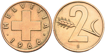 Швейцария 2 раппена 1966 В KM 47 бронза 4567-138