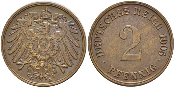 ГЕРМАНИЯ 2 ПФЕННИГА 1905 G KM 16, J. 11, Weege 4 медь 206-513