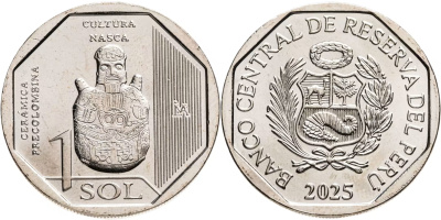 Перу 1 новый соль 2025 серия перуанская доколумбова керамика, культура Наска KM NEW медь никель цинк  UNC M78-16 