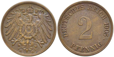 ГЕРМАНИЯ 2 ПФЕННИГА 1905 G KM 16, J. 11, Weege 4 медь 206-513
