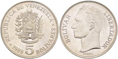 ВЕНЕСУЭЛА 5 БОЛИВАРОВ 1989 ПОРТРЕТ СИМОНА БОЛИВАРА KM 59a.2 сталь плакированная никелем UNC 4517-214