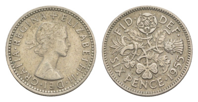 Великобритания 6 пенсов 1955 Елизавета II (1952-2022) KM 903, Spink 4149 медно-никель 4160-1057