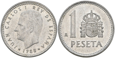 Испания 1 песета 1988 M, Хуан Карлос I (1975-2014) KM 821 алюминий 4448-826