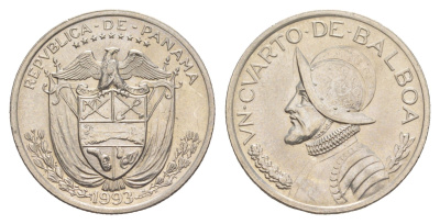 Панама 1/4 бальбоа (25 сентесимо) 1993 KM 11.2a медь плакированная медно-никелем UNC 4642-656